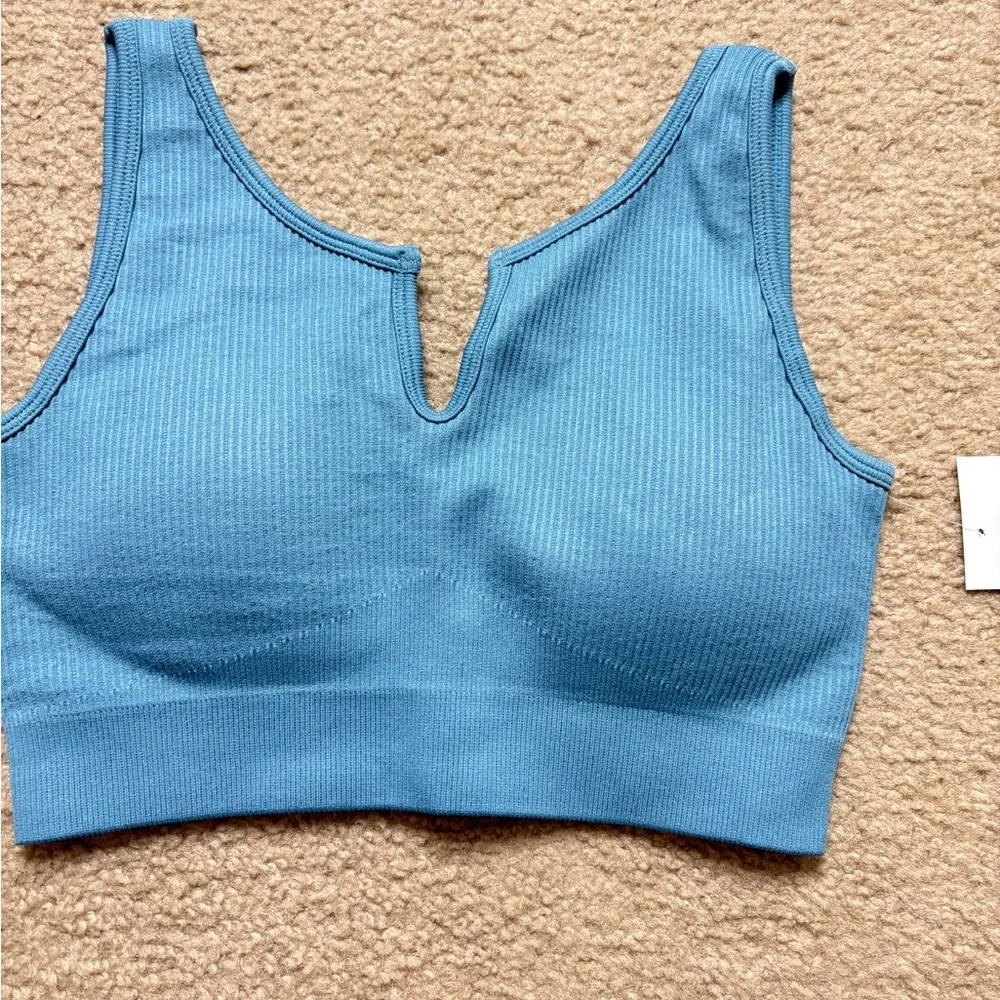 NWT Blue Ribbed Seamless Sports Bra & High Waist Biker Shorts Matching Set